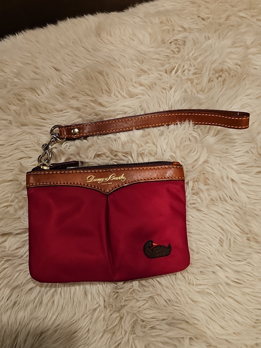 Dooney & Bourke Red and Brown Nylon Wristlet Clutch With Embroidered Duck EUC